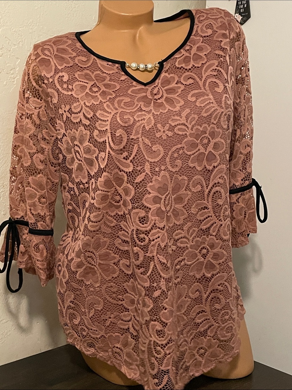 Lace Pearl-Accent Blouse in Dusty Rose Onyx Apparel L